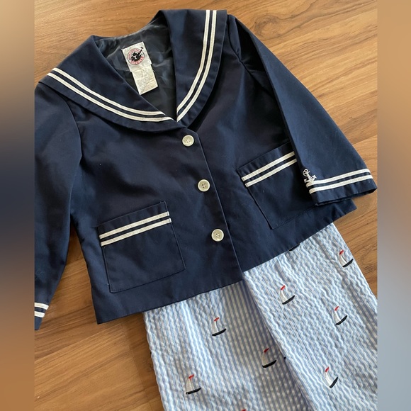 Boys Sailor Suit with sailboat seersucker pants 3T - Picture 2 of 4
